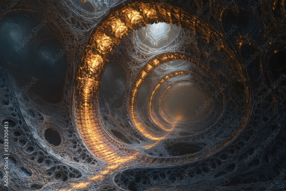 Poster a surreal tunnel of illuminated rings with intricate structures