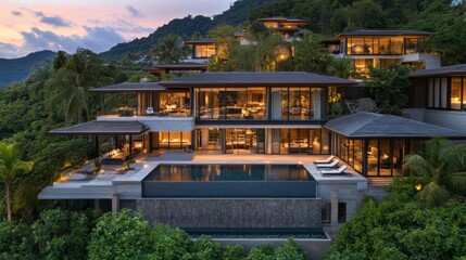 Obraz premium A luxurious modern villa with a flat roof, large glass walls, and an infinity pool in the front