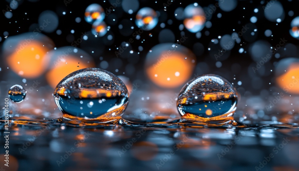 Poster close up view of two large water droplets on a dark surface, reflecting blurred orange lights. small