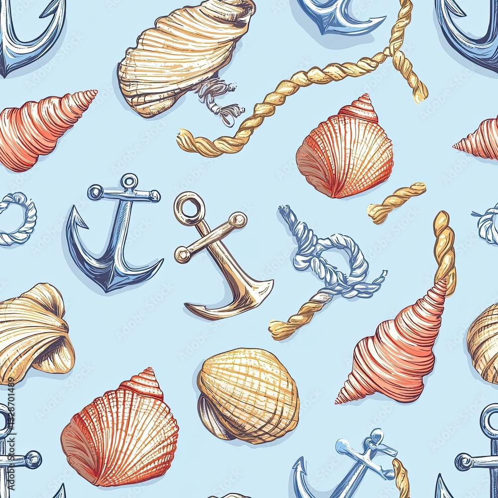 Poster nautical seashells pattern with anchors and rope perfect for summery designs