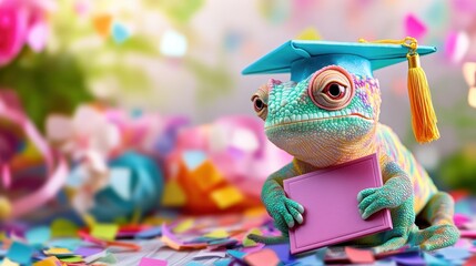 A colorful lizard wearing a graduation cap holds a diploma, surrounded by confetti and festive decorations, celebrating a whimsical achievement.