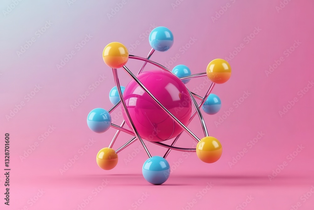 Poster colorful atom model displayed on a pink background illustrating atomic structure and electron arrang