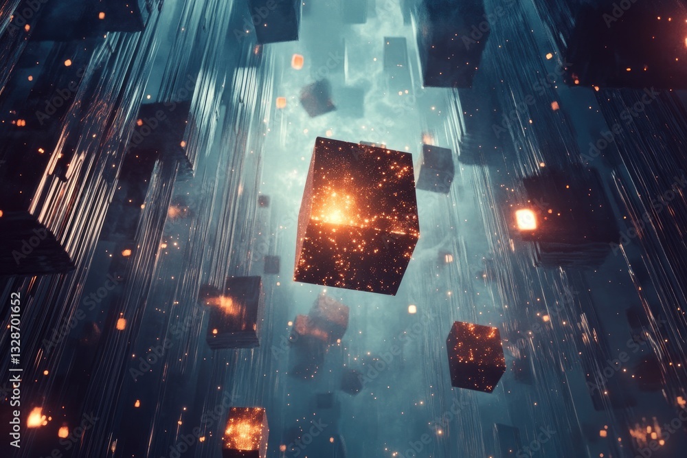 Poster cubes and light particles float in a futuristic abstract environment