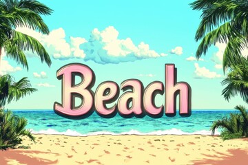 Colorful beach scene with palm trees and the word beach on a clear sunny day by the ocean