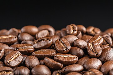 Fototapeta premium Roasted Coffee Beans Close-up Against Black Background for Culinary Concepts
