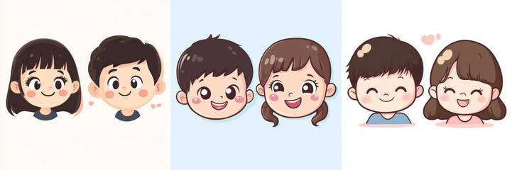 Cute boy and girl faces with cheerful expressions, cartoon style, colorful