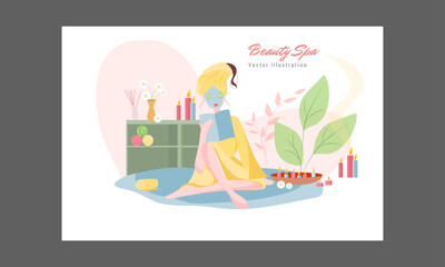 Skin care concept. Woman do cosmetic spa procedures for face. Morning routine. Bath time. Eye patches and cream. Organic products. Vector illustration in flat cartoon style.
