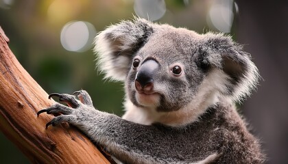 Naklejka premium A cute baby koala with messy fur, clinging to a tree branch, looking curious and a little clumsy. Perfect for animal lovers, wildlife themes, and adorable baby animals. 
