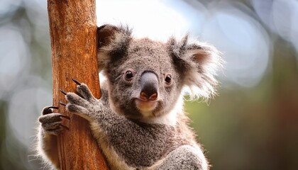 Fototapeta premium A cute baby koala with messy fur, clinging to a tree branch, looking curious and a little clumsy. Perfect for animal lovers, wildlife themes, and adorable baby animals. 