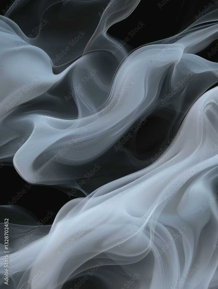 Poster abstract digital art piece that appears to be made up of wavy lines and curves. the lines are white 