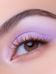 Fototapeta premium Close-up of a person's eye. the eye is brown and has long, full eyelashes. the eyeliner is a light purple color and is applied in a way that creates a dramatic look.