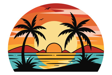 Silhouette of Palm Trees Against a Sunset Over Water