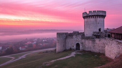 A medieval stone fortress with a round tower and wooden battlements at sunrise