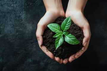 Hands hold soil with a young green plant symbolizing growth and environmental care