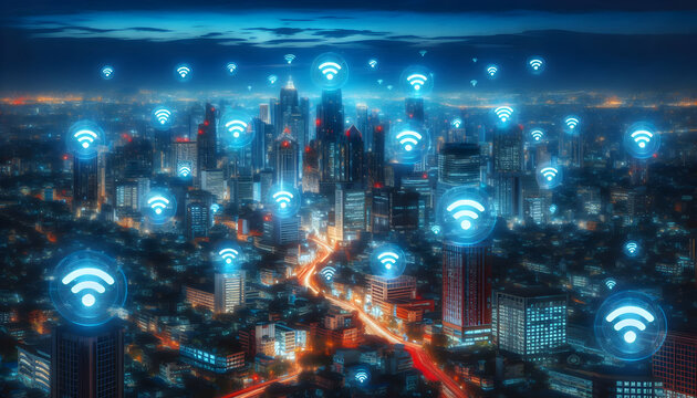 Wifi Signal A vibrant city skyline at night with glowing Wi-Fi icons above the buildings, emphasizing the widespread connectivity that enhances communication across the metropolis