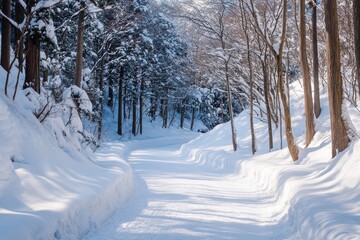 Narrow ski path meandering through a tranquil snow-blanketed forest in yokoteyama, japan for winter sports lovers and travel photography enthusiasts