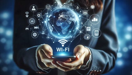 Wifi Signal A person holding a smartphone, with a digital globe and Wi-Fi symbol hovering above, and surrounding1