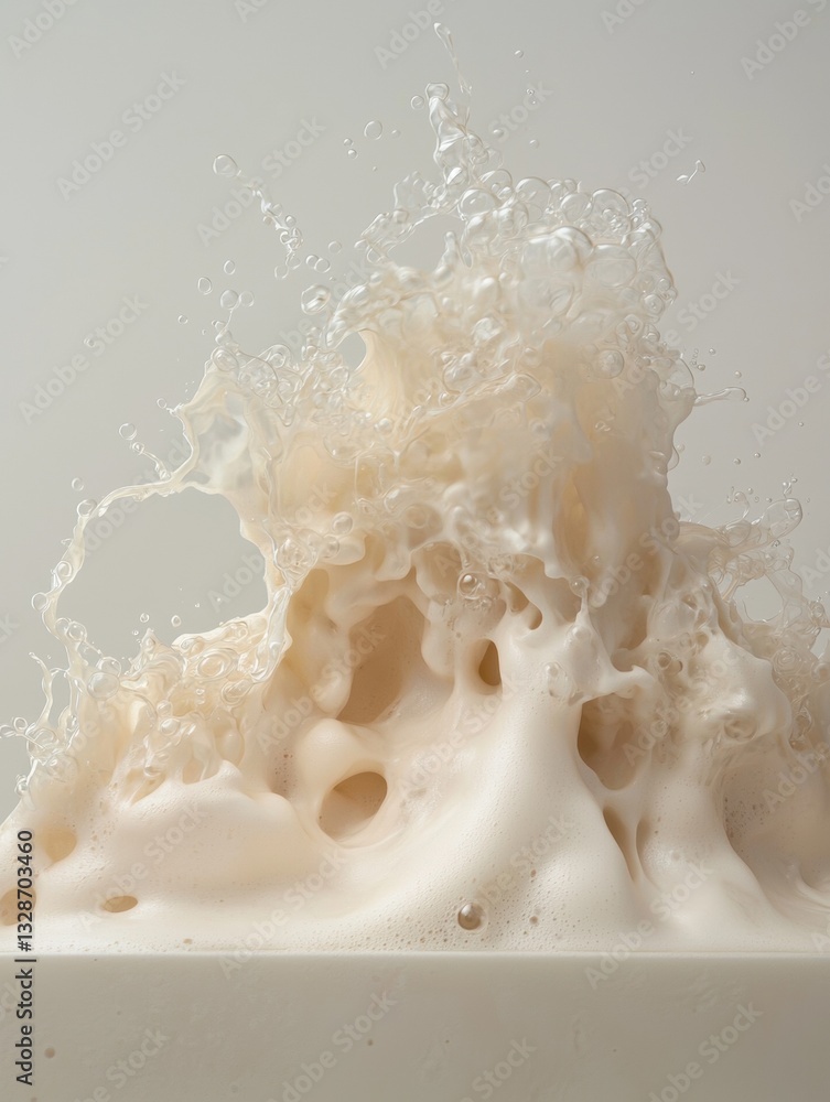 Poster close-up of a splash of milk. the milk is white and appears to be creamy in color. the splash is mad