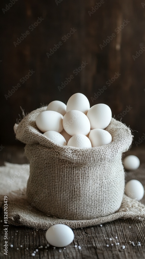 Poster close up view of numerous small, white, spherical objects nestled within a burlap sack against a dar