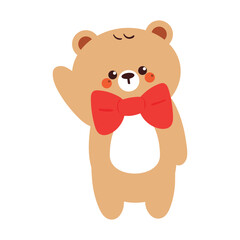 cute hand drawing cartoon bear with big red bow. cute bear drawing for animal sticker, icon