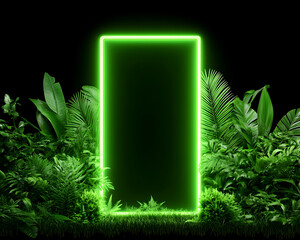 Glowing green neon rectangle amidst lush tropical foliage on black background