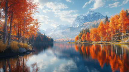Obraz premium Ultra-Realistic Image of a Peaceful Mountain Lake in Autumn – Breathtaking Natural Beauty