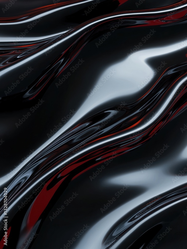Poster abstract digital art piece with a black background and red lines. the lines are curved and wavy, cre