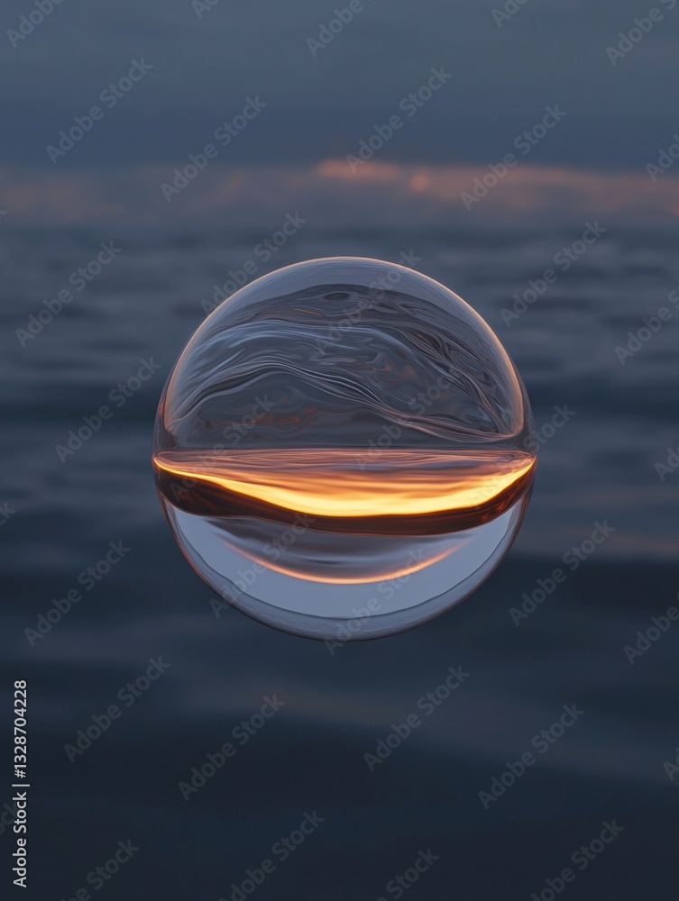 Poster close-up of a sphere floating on the surface of the water. the sphere appears to be made of a transp