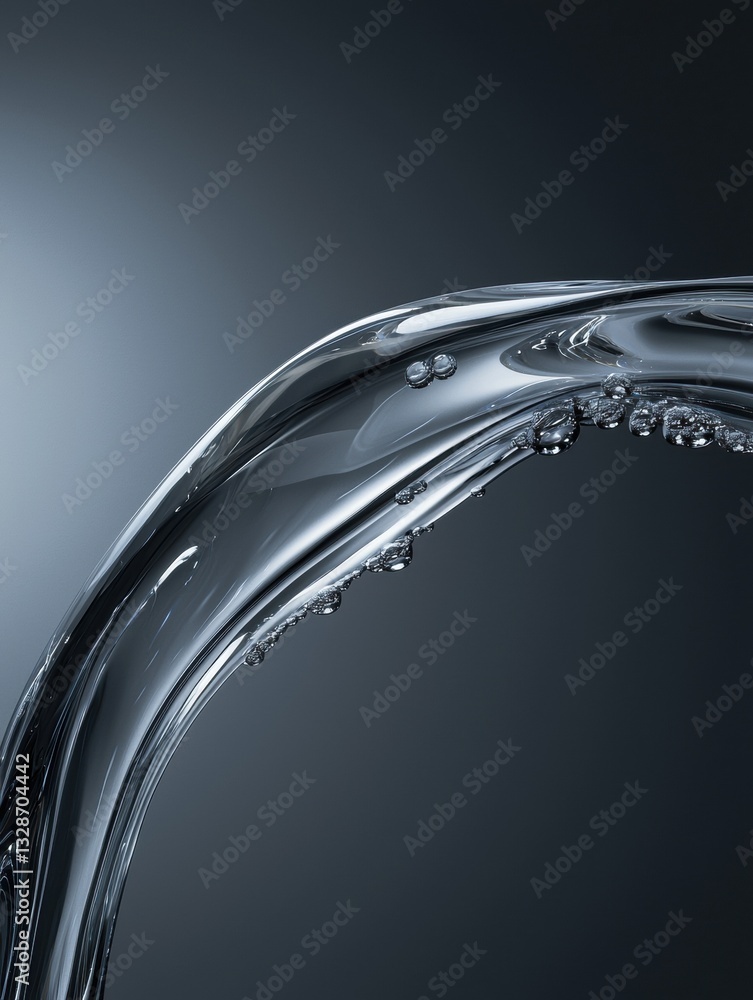 Poster close-up of a curved glass object with a dark grey background. the object appears to be made of tran