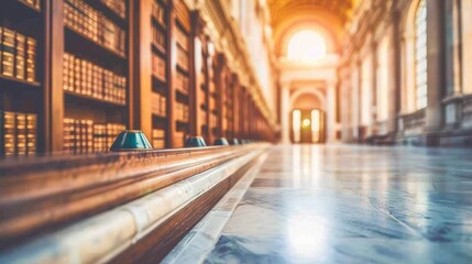 Fototapeta premium Grand library hallway with sunbeams