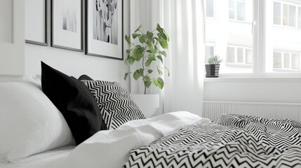 A monochrome bedroom with black and white decor, modern furniture, and sleek design