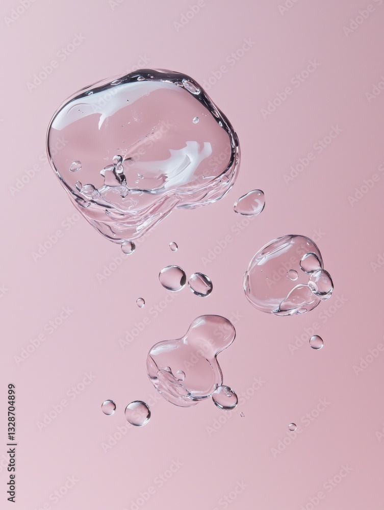 Poster digital illustration of a group of water droplets on a pink background. the droplets are of differen