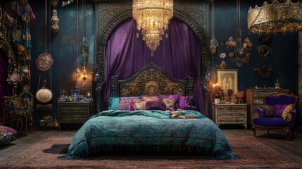 A Moroccan-style bedroom with vibrant textiles, intricate patterns, and ornate decor