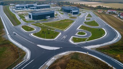 A newly constructed business park with wide roads and futuristic office buildings