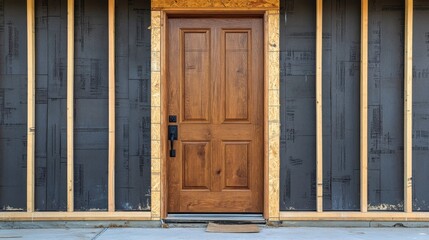 A newly installed front door with unfinished exterior walls on a home under construction