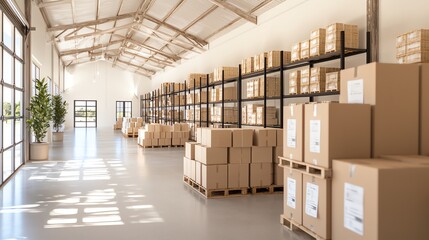 Organized warehouse interior with shelves and packed boxes, highlighting efficient space utilization and logistics.