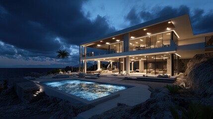 A nighttime view of a house under construction, with floodlights illuminating the site