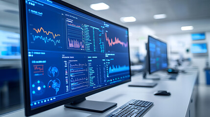 Data Analysis in Modern Workspace: A close-up perspective captures a dynamic workspace, featuring a high-definition monitor displaying intricate data analysis visualizations, graphs, and charts.