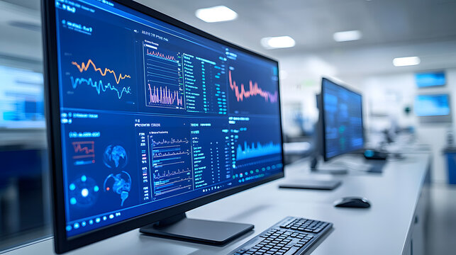 Data Analysis in Modern Workspace: A close-up perspective captures a dynamic workspace, featuring a high-definition monitor displaying intricate data analysis visualizations, graphs, and charts.
