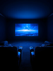 Dark home theater room with two reclining chairs and a large screen displaying a serene landscape