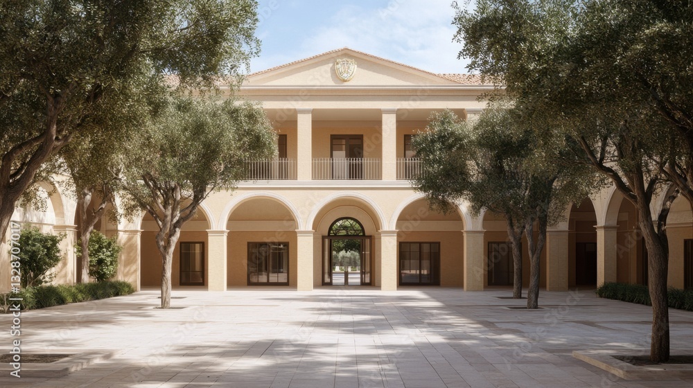 Poster a private academy-style school building with elegant architecture and a gated entrance