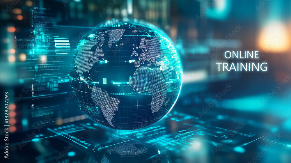 Poster digital globe with data visualization, representing online training and education