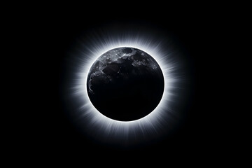 Annular solar eclipse depiction; Earth partially obscured by moon, bright corona visible