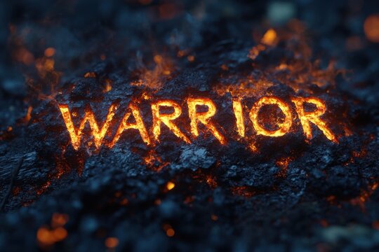 Fiery Warrior Text on Dark Smoky Background with Glowing Embers and Dramatic Lighting Effects