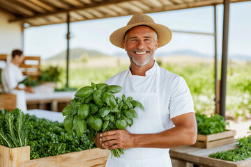 Obraz premium A smiling farmer in a straw hat holding a bunch of fresh basil at an outdoor farmers' market, surrounded by fresh greens