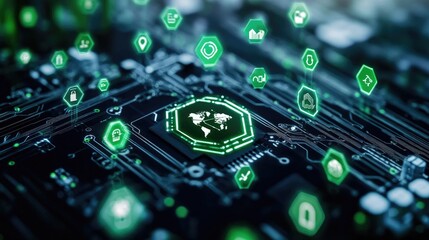 Abstract close-up of a microchip embedded with green technology symbols, representing advancements in clean tech innovation.