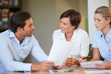 Office, teamwork and business people with paperwork for bookkeeping, tax report and investment...