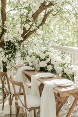 Fototapeta premium A rustic dining table adorned with white flowers, surrounded by greenery, perfect for outdoor gatherings.