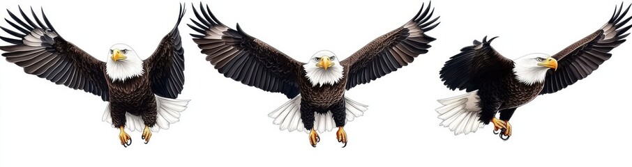 Obraz premium Three majestic bald eagles in flight against a white background, showcasing their powerful wings and sharp features. The images are detailed and show the eagles' feathers and talons clearly.