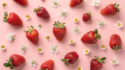 A flat lay arrangement of fresh, juicy strawberries surrounded by delicate blossoms on a pastel pink background. A vibrant and colorful fruit composition celebrating summer’s natural sweetness.